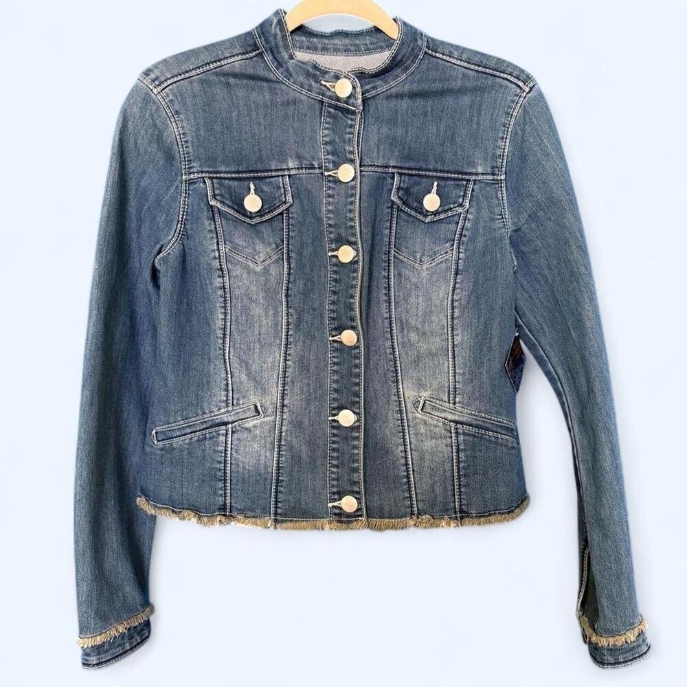 JW Style Y2K Frayed Edge Collarless Denim Jacket Size Small NWT